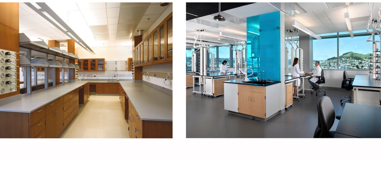 Image on left shows lab benches in a cramped space with no windows; on the right is an open space containing lab benches in front of a wall of windows.