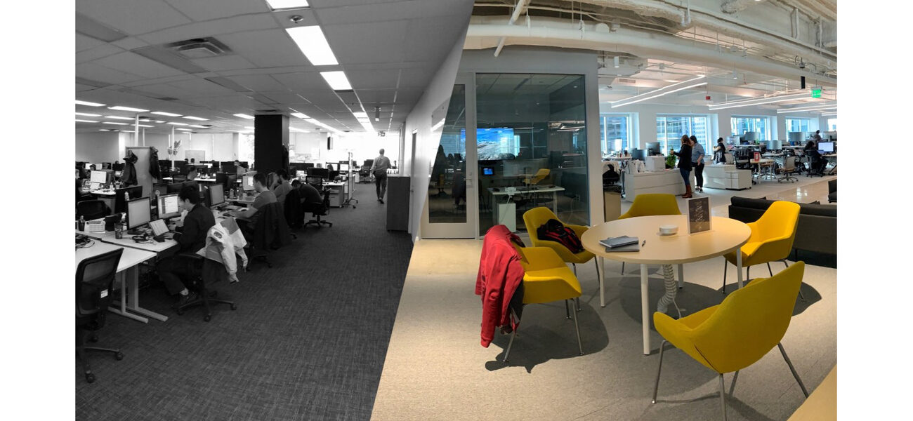 Photogrpah comparing a traditional office with rows of desks and a new office with tables and couches.