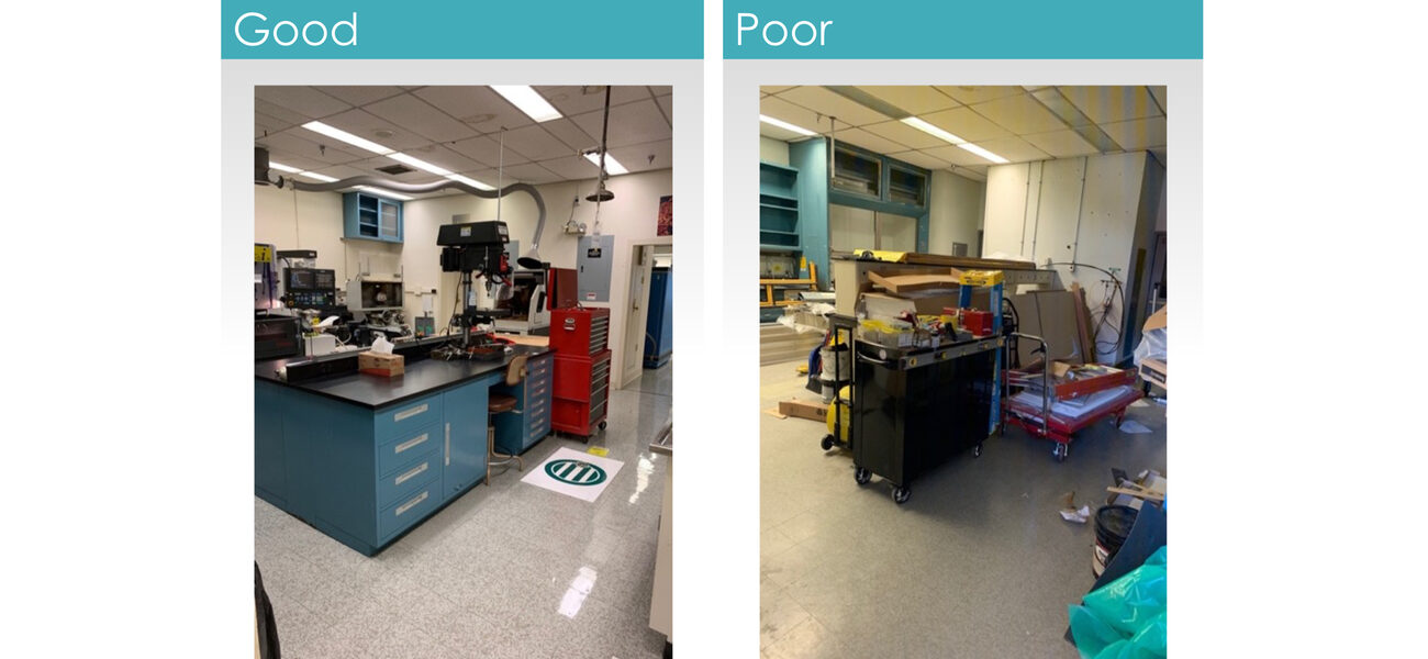 Two images side-by-side, one showing a lab that is neat and organized and the other one is a mess.