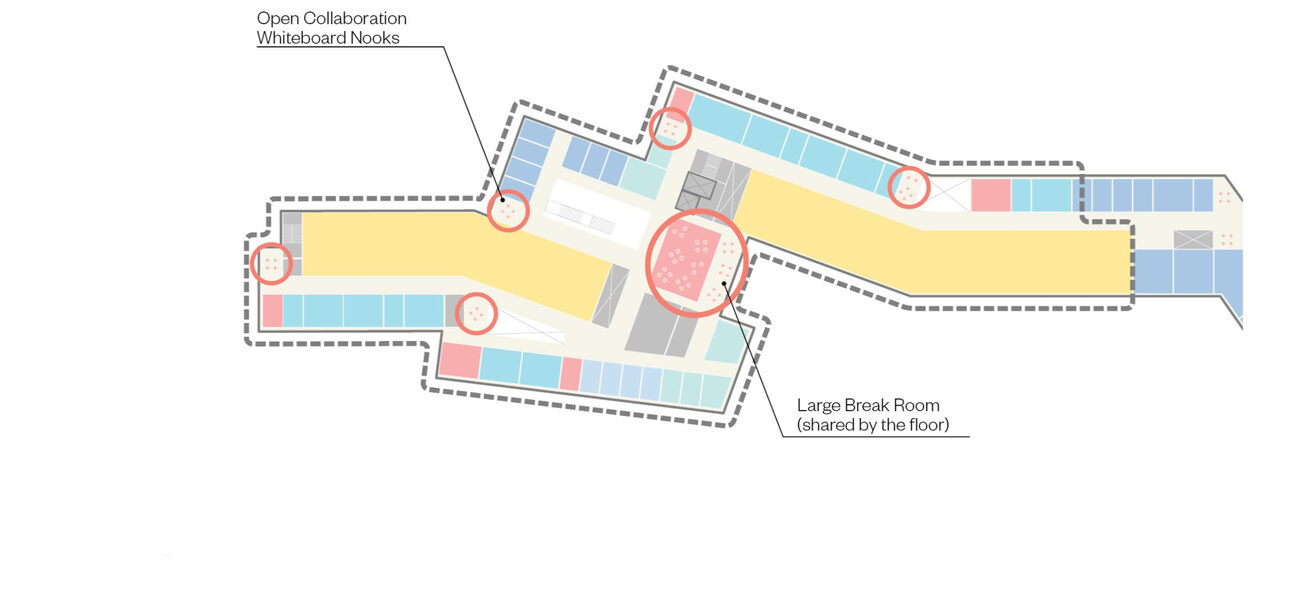 Floorplan shows a break room in the middle of a cluster of offices.