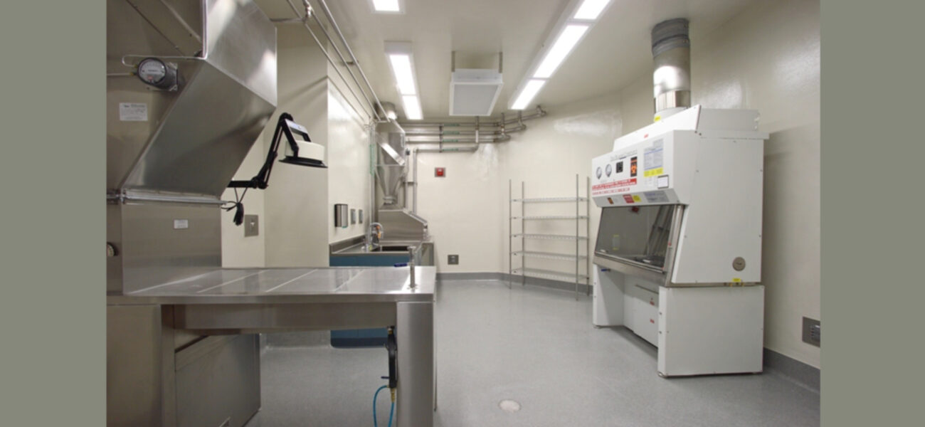 Room with a lab table on the left and biosafety cabinet on the right.