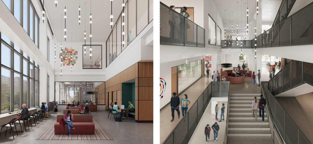 One image showing students sitting at couches in a large open space; another shopwing students walking on a large open staircase.