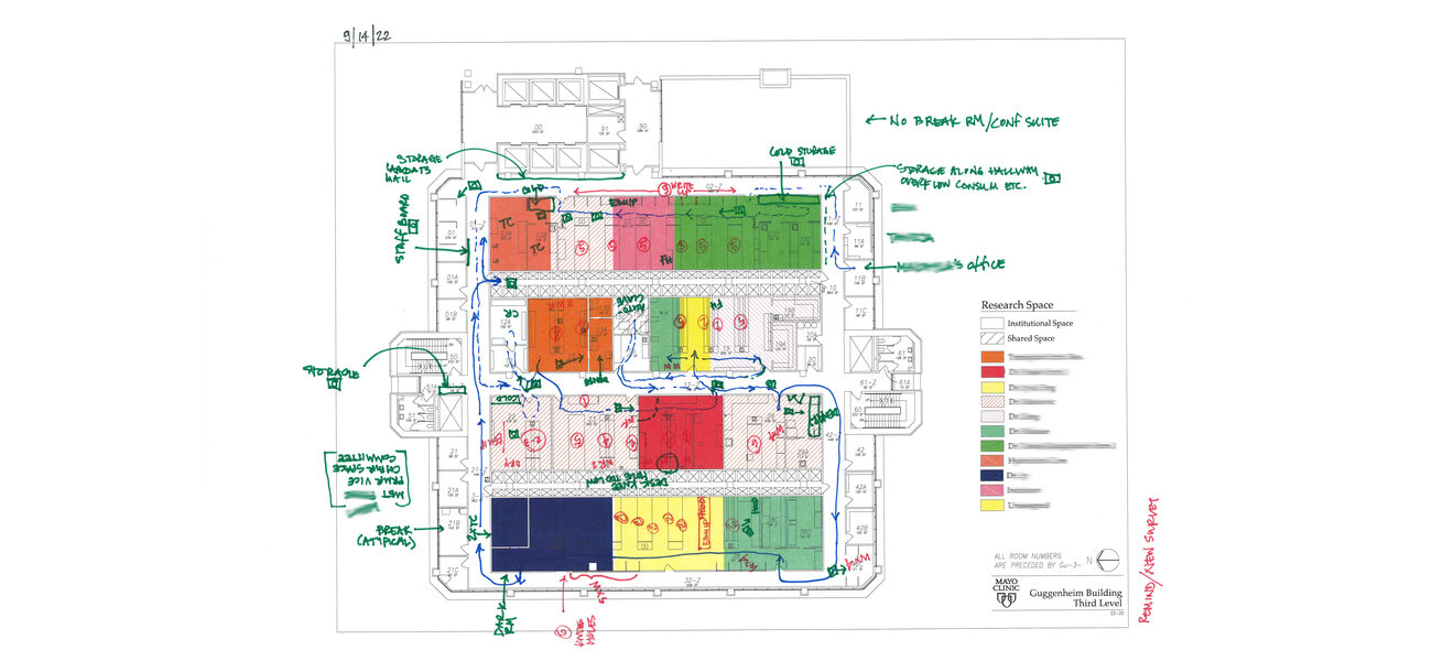 Diagram of a lab layout marked up with handwritten notes