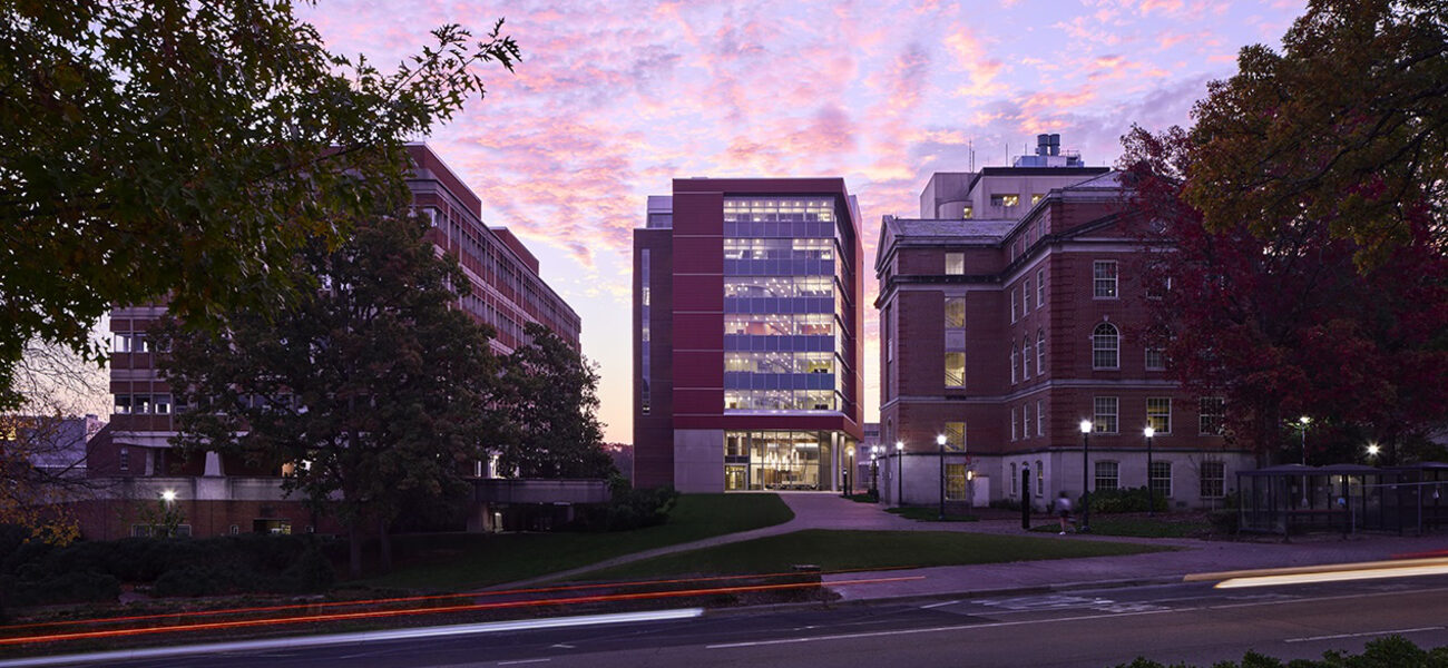 A multi-story brick building with large windows stands between two other brick buildings.