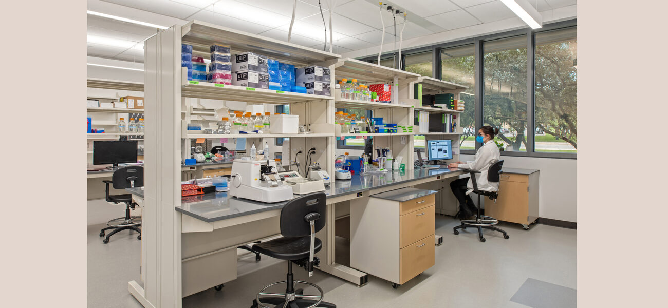 A woman in a lab coat works at a long lab bench in front of a wall of windows.