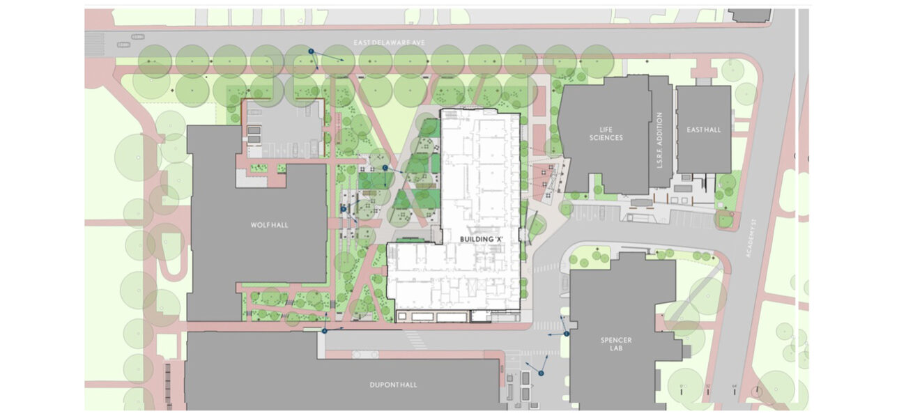 Diagran showing where the building will be on campus.