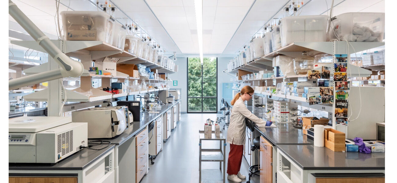 A woman works at a lab bench.