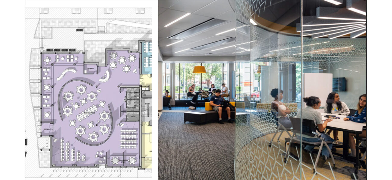 College students sit at tables in a large, ellipse-shaped space. A diagram shows how furniture in the room is arranged.