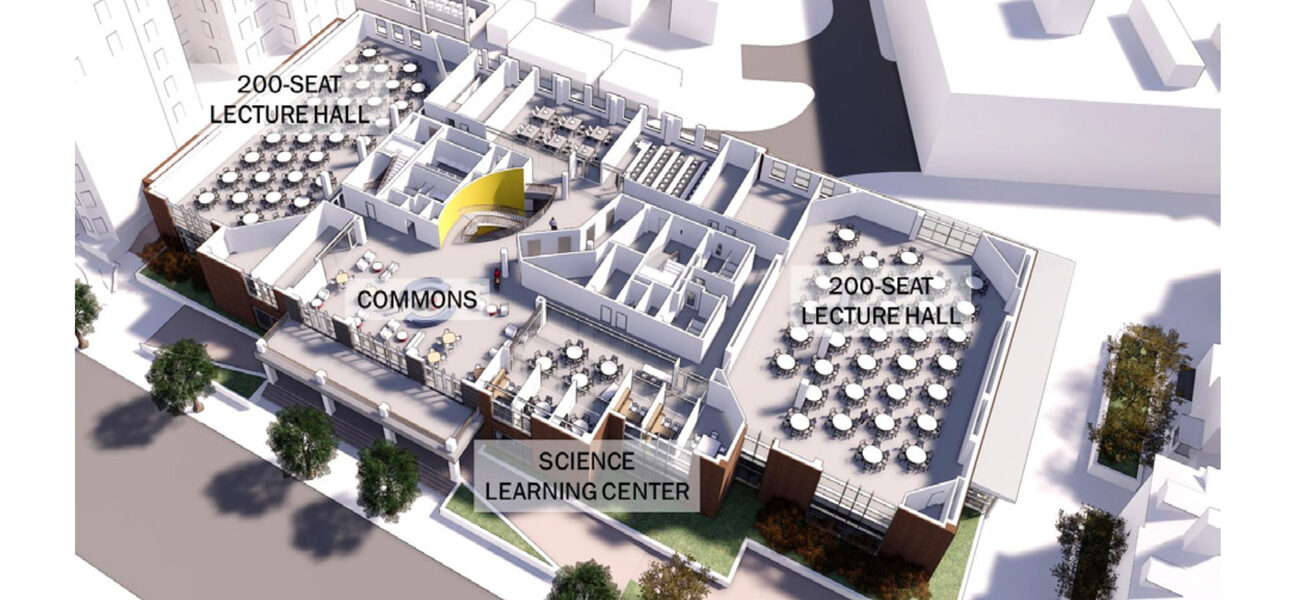 Diagram showing where two large lecture halls are located and how the seating is arranged.