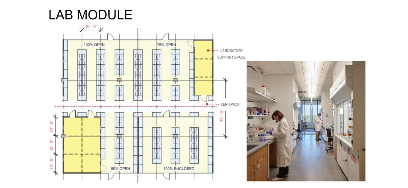 Diagram of lab benches, and a woman working at a lab bench.