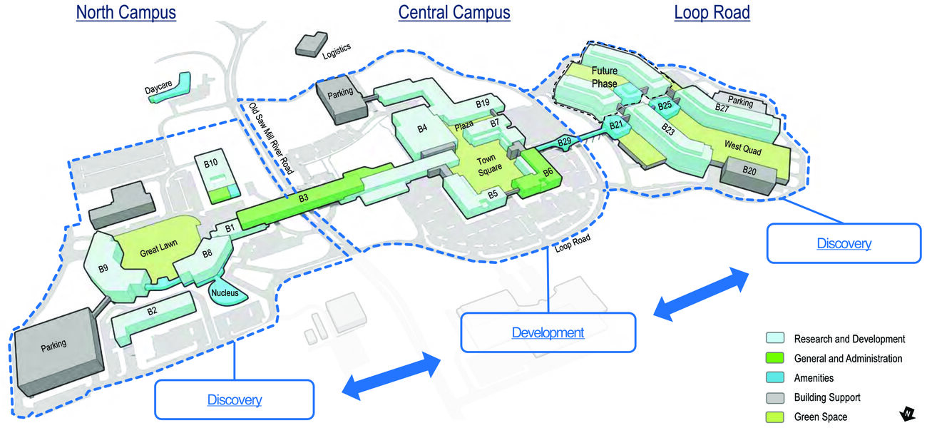 Map showing three connected groups of buildings